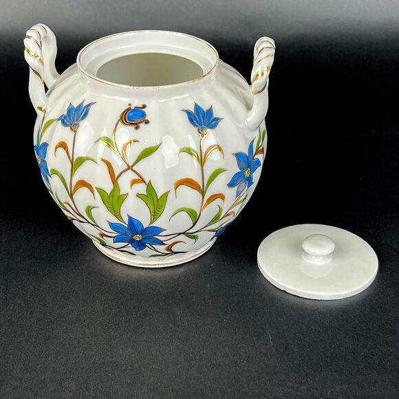 Jar Lid White Ceramic Blue Flowers Gold Trim Side Handles Decorative 4.75" Tall - Picture 10 of 12
